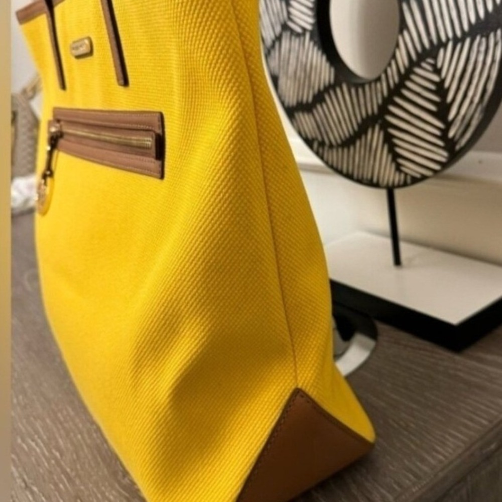 Michael Kors Yellow Canvas Satchel Tote Bag Tan Leather Trim Gold Hardware Large - Picture 10 of 10